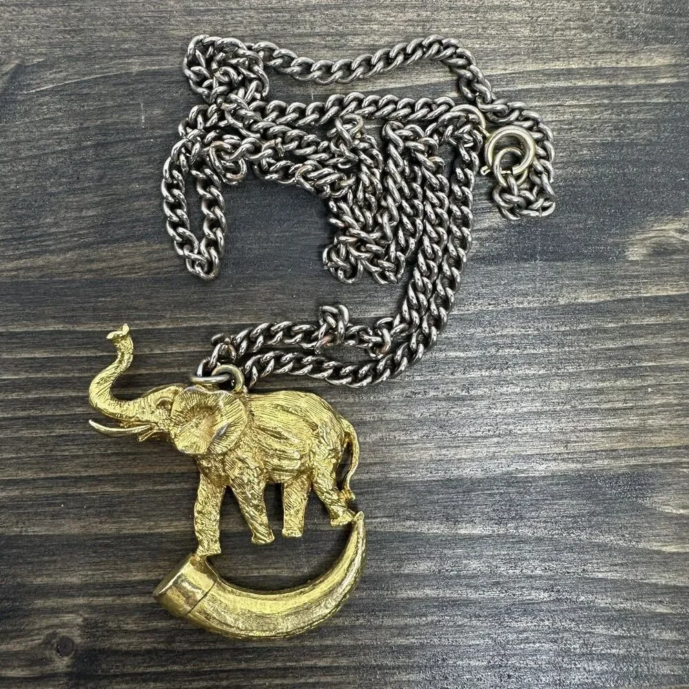 Vintage Elephant on Tusk Necklace Gold Tone Large Pendant Safari Estate‎ Find